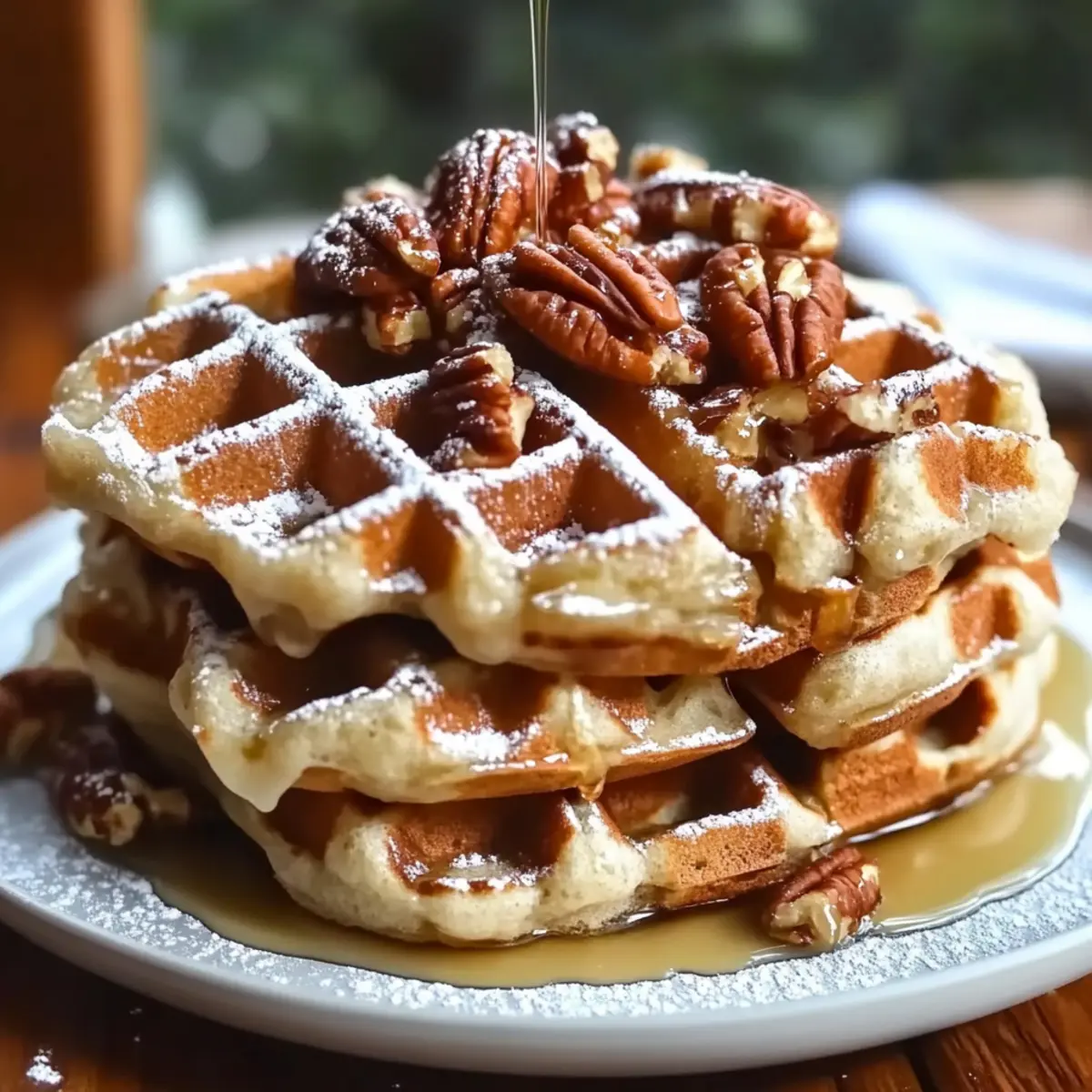 Crispy Pecan Waffles with Maple Drizzle